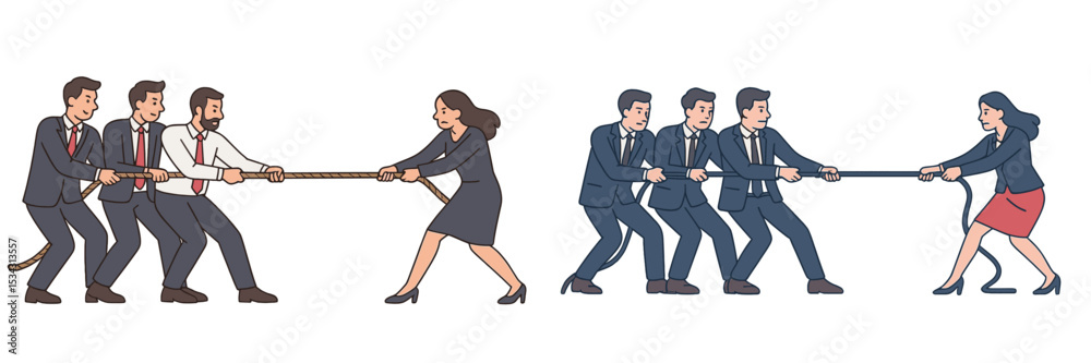 Poster group of professionals engaged in a tug of war competition during a team building event in a corpora