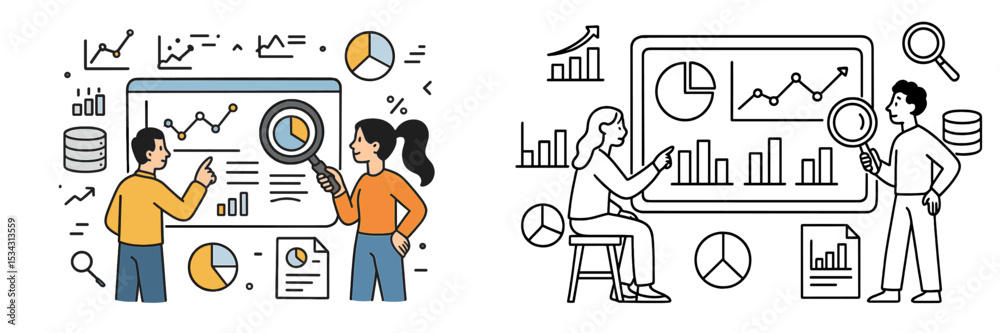 Poster two individuals analyzing data on screens with graphs, charts, and statistics in a modern office set