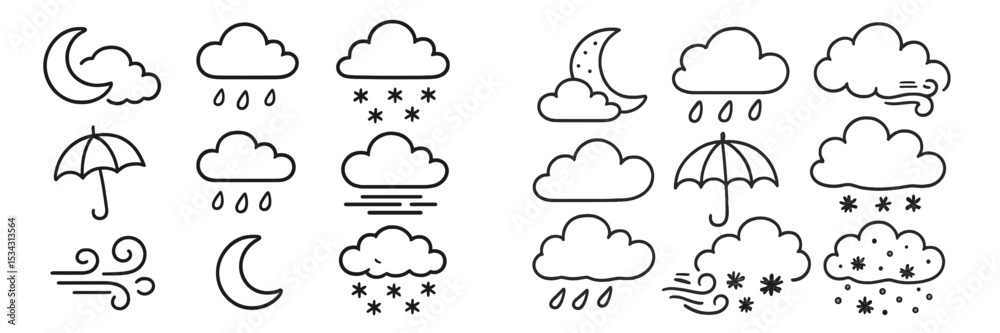 Poster various weather symbols representing rain, snow, wind, and clouds in simple line art style suitable 