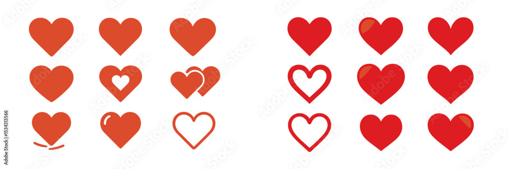 Poster Different styles of heart shapes in various colors arranged on a grid pattern for design purposes and decoration ideas