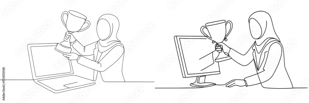 Poster Celebration of achievement with a trophy held in front of a laptop and a computer during a virtual event