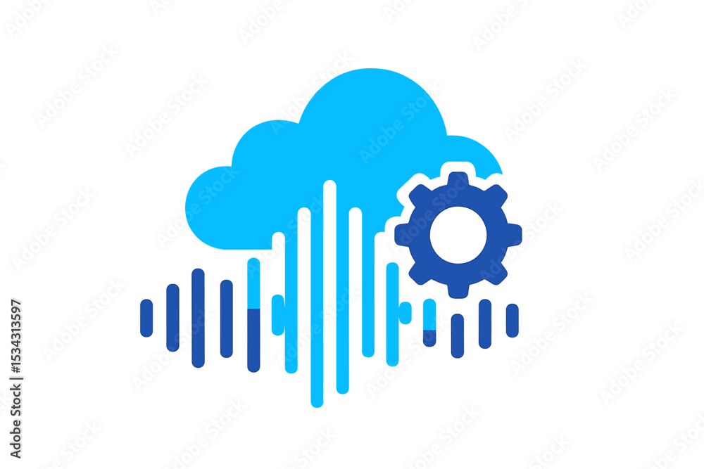 Poster vector flat illustration of cloud technology with sound waves and gear, representing audio processin