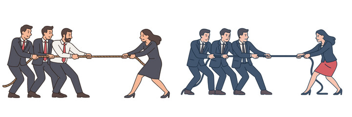 Group of professionals engaged in a tug of war competition during a team building event in a corporate setting