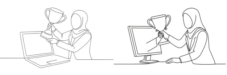 Fototapeta premium Celebration of achievement with a trophy held in front of a laptop and a computer during a virtual event