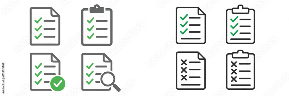 Poster collection of vector flat illustrations showing checklists, documents, and verification symbols for 