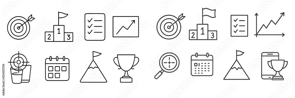 Aufkleber vector flat illustration depicting various goal setting and achievement icons for productivity and m