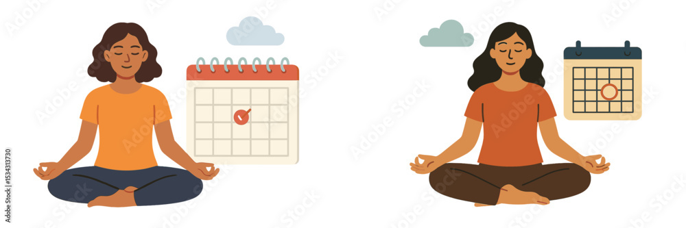 Poster meditation practice with calendar reminders for mindfulness and self-care in a serene environment