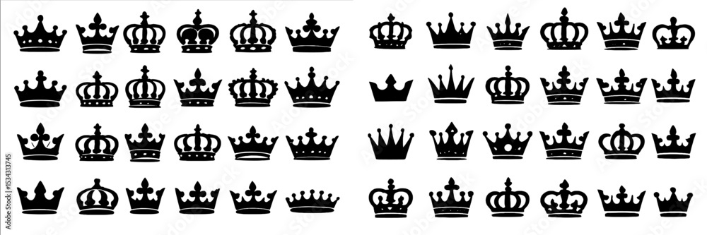 Poster collection of black crown illustrations in a flat vector style for design projects and artworks