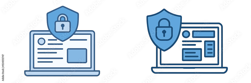 Poster Vector flat illustration depicting cybersecurity concepts with shields and locks on computer screens