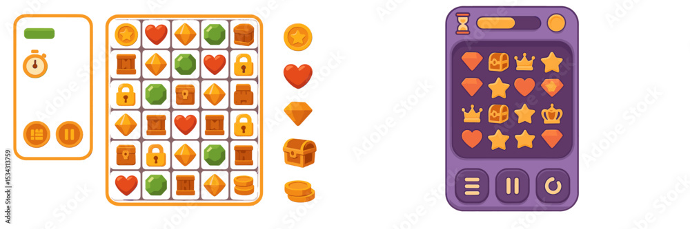 Poster colorful flat vector illustration of a match three puzzle game interface with vibrant icons and game