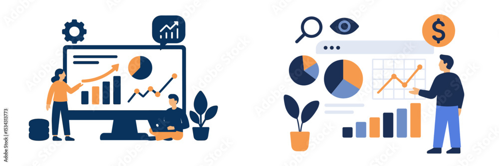 Aufkleber Business analytics illustration showing growth charts and data analysis in a digital workspace with plants and office elements