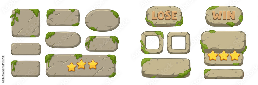 Aufkleber Decorative stone buttons with vines for game interface and status indicators in an engaging vector flat style