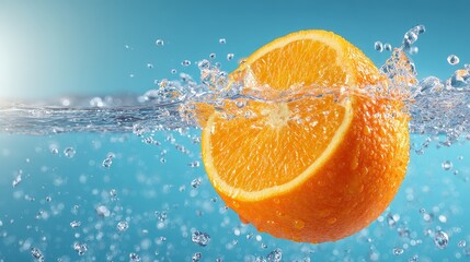 Juicy orange bouncing on water surface - fresh orange motion in freeze frame - captivating nature photography