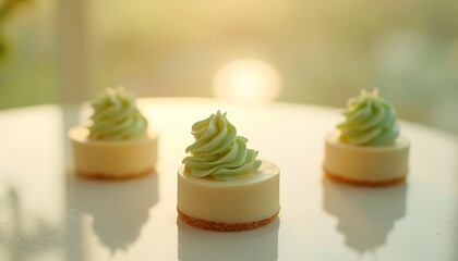 Three mini cheesecakes with light green frosting on a white surface.