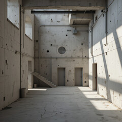 Minimalist interior space with natural light and stark concrete walls