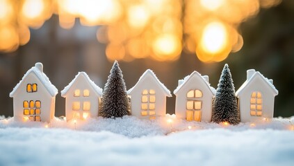 Miniature houses in a snowy village scene at sunset