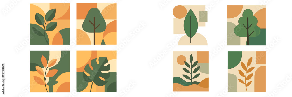 Poster stylish vector flat illustration of leafy plants and abstract shapes in warm autumn colors for moder