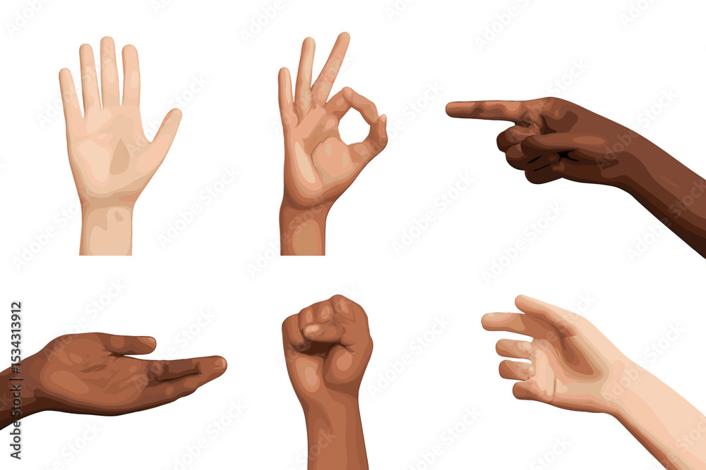 Aufkleber Diverse hands illustrating various gestures for communication and expression in a flat vector design style