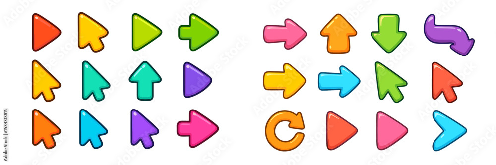 Poster Colorful vector flat illustration of directional arrows in various shapes and colors for digital user interface design