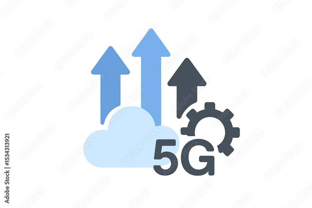 Poster growth in connectivity through 5g technology represented by upward arrows, clouds, and gears enhanci