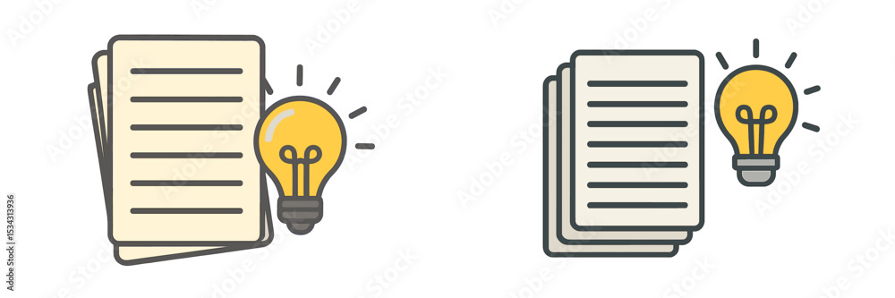 Poster vector flat illustration of a light bulb next to stack of papers highlighting ideas and creativity i