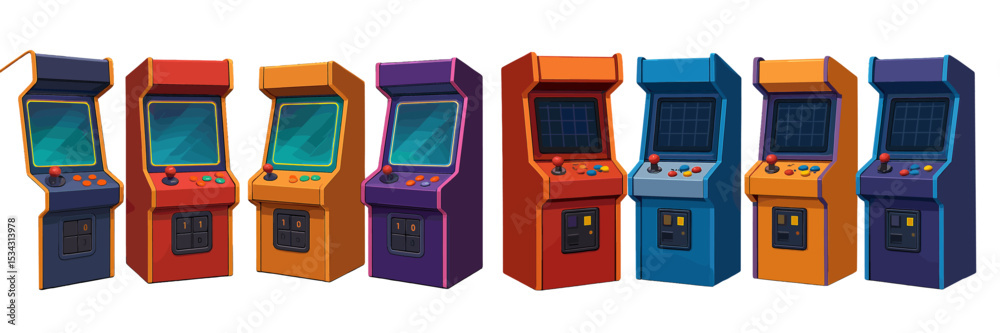 Aufkleber Classic arcade game machines in various colors lined up against a simple background