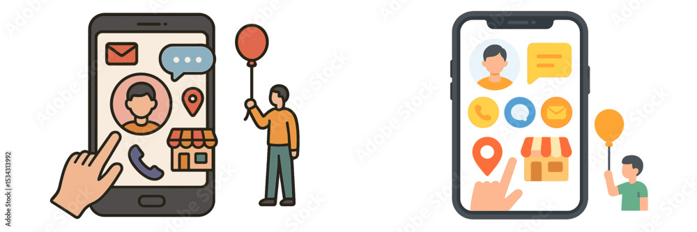 Poster Vector illustration showing a person interacting with a mobile device displaying various communication options and a local business