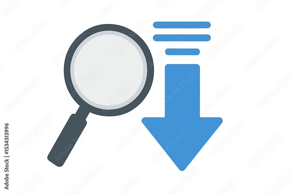 Poster illustration of a magnifying glass and downward arrow indicating search and download actions in a di