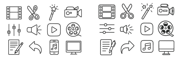 Creative media tools and elements illustrated in vector flat style showcasing various editing and production icons