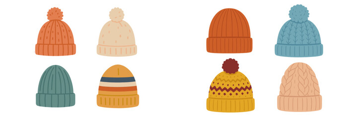 Collection of knitted hats in various colors and styles for winter wear during the cold season