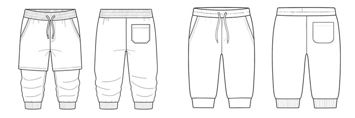 Stylish flat vector illustration of men's sporty shorts for casual wear, showcasing multiple angles and design details