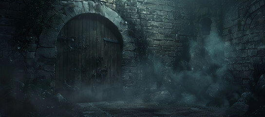 Medieval dark dungeon with wooden door, stone walls, mist, fantasy art style.