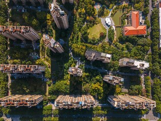 Aerial top-down view of luxury apartment and villa in Pudong, Shanghai, China. 
