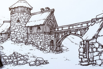 Stone walls, wooden towers in medieval village, ink sketch, white background, minimal style.