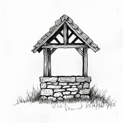 Old well with wooden roof, stone walls, grassy ground, simple ink sketch, white background.