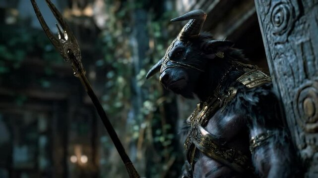 mythical gatekeeper, a powerful minotaur, standing guard in a dark