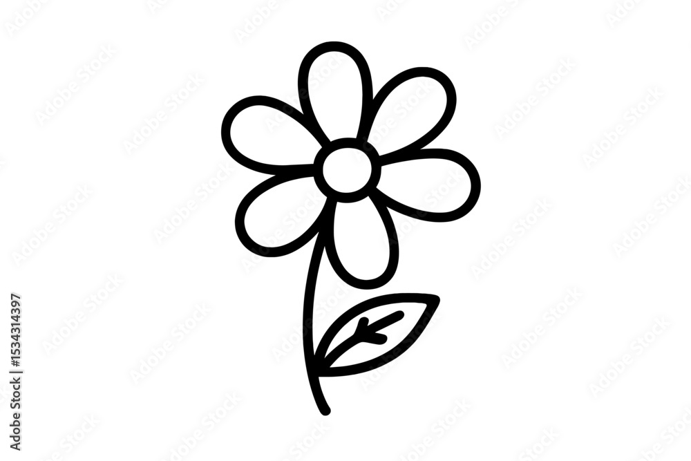 Poster simple vector flat illustration of a flower with rounded petals and a single leaf on a stem