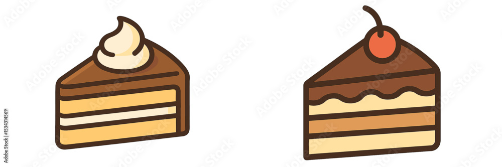 Poster delicious vector flat illustration of two chocolate cakes with whipped cream and cherry on top displ