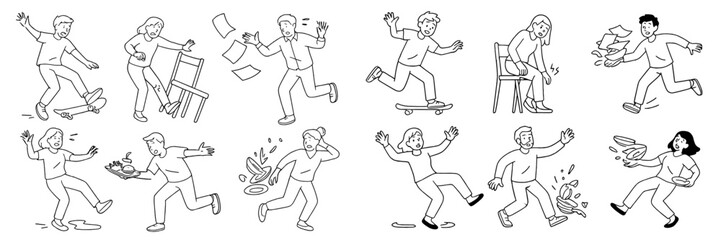 Vector flat illustration depicting various clumsy moments and accidents in everyday activities at home and work
