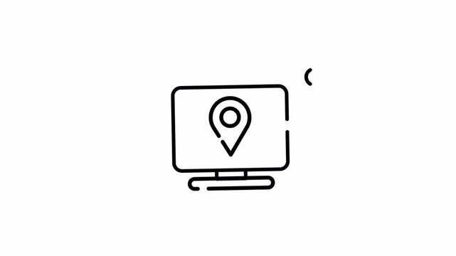 Desktop Monitor Showing Location Pin &ndash; Animated Looping Video, Alpha Channel, Line Art Style