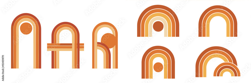 Poster bright warm colored vector flat illustrations of abstract rainbows and geometric shapes on a clean b