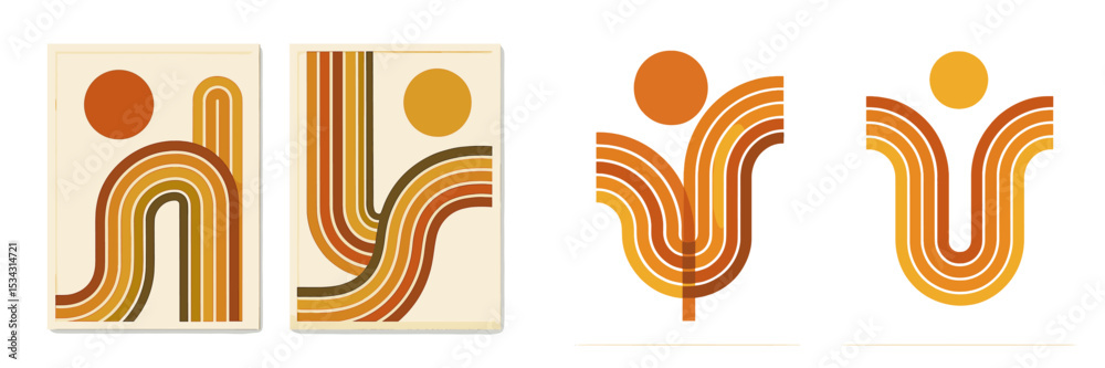 Poster colorful vector flat illustration with abstract shapes and lines in warm tones showcasing modern art