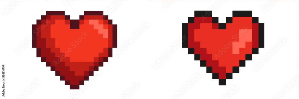 Poster red pixel hearts showcasing different styles in a vector flat illustration, representing love and af