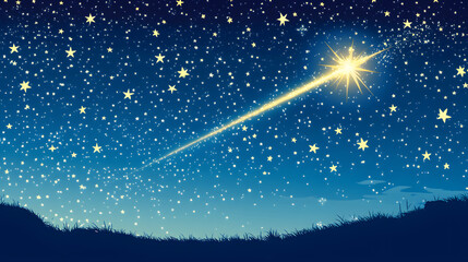 A bright meteor streaks across a starry night sky above a dark landscape silhouette.