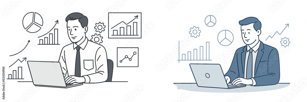 Aufkleber Businessman analyzing data with charts in two different work environments and attire