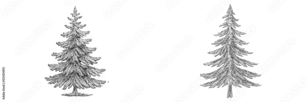 Poster Vector flat illustration of two evergreen trees showcasing realistic details and textures in a monochromatic design
