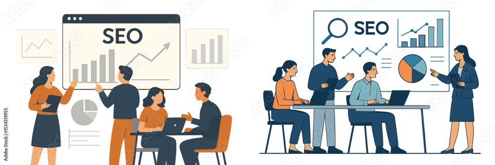 Poster Professionals collaborating on SEO strategies in an office setting during a workday with data visuals