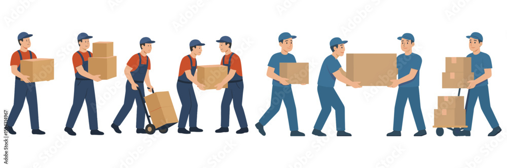 Poster delivery workers conducting various activities with packages in a warehouse setting during the day