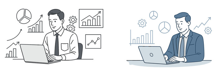 Businessman analyzing data with charts in two different work environments and attire