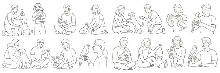 People interacting with various pets in a cozy indoor setting during a relaxed afternoon